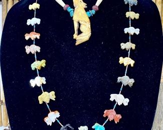  Two Zuni Fetish and Carved Bone Coyote Necklaces