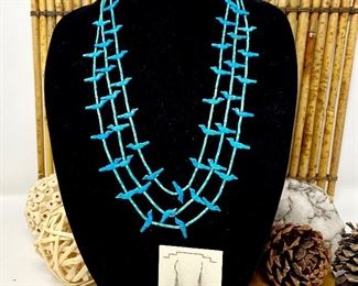  Fetish Necklace w/ Turquoise Birds & Mosaic Earrings