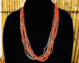  Coral and Turquoise Heshi Bead Necklace