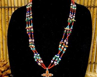  Multi-Stone 3 Strand Necklace w/ Sterling & Coral Cross by Leekia