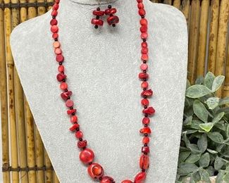  Red Coral Necklace and Earring Set
