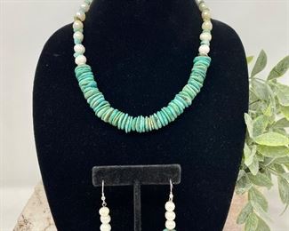 Turquoise, Pearl, & Sterling Necklace w/ Earrings Set