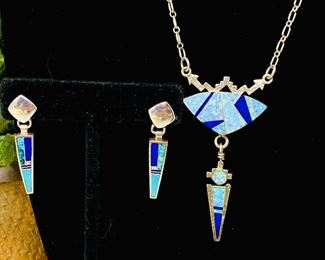  Contemporary Sterling Silver Jewelry Set- Opal & Lapis Inlay