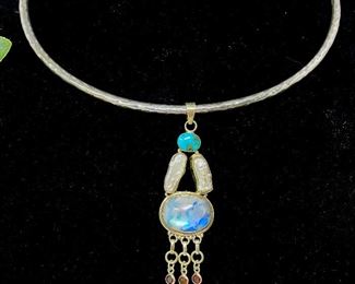 Moonstone, Turquoise, Mother of Pearl & Garnet- Native American Pendant 
