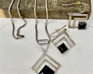 Sterling & Necklace Earrings & Pendant w/ Onyx 