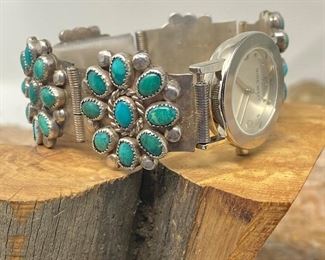  Vintage Navajo Turquoise Cluster Watch Band Stamped PJB