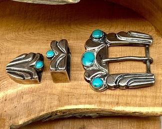  3pc. Belt Buckle Set in Sterling and Turquoise