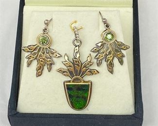 Hand Crafted Celtic Jewelry Set- 18k Gold & 925 Green Ammolite Pendant & Peridot Earrings