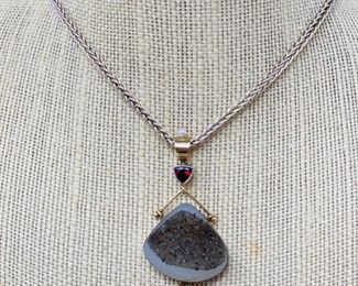 Amaizing Hand Crafted Pendant & Chain Jewelry Set in 14k Gold and 925- Druzy, Ruby, Pearls