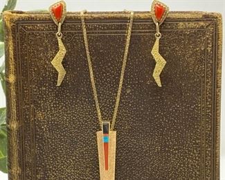 14k Gold Native American Earring & Necklace Set w/ Coral, Onyx, & Turquoise Gemstone Jewelry