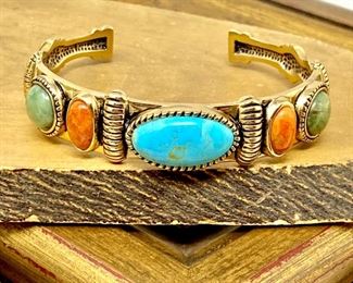 Hand Crafted Bronze BARSE Cuff Bracelet w/ Turquoise, Coral & Malachite Gemstone's 