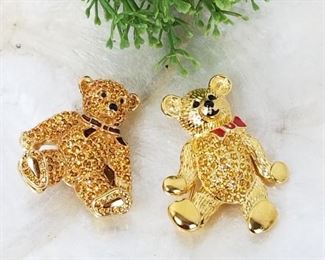 Gold tone crystal studded teddy bear pins