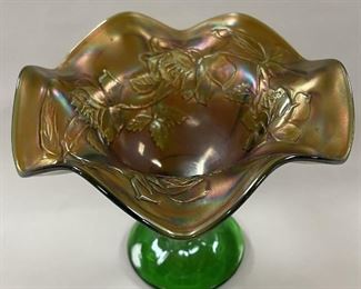 Green Carnival Glass Compote