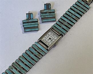 Legacy Quarts Wristwatch with Turquoise Sterling Band, marked 925 and Matching Earrings