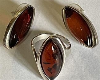 Amber Sterling Pierced Earrings and Ring