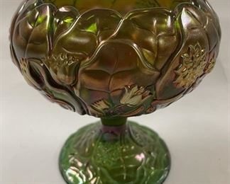 Fenton Green Carnival Compote, Orig. Sticker