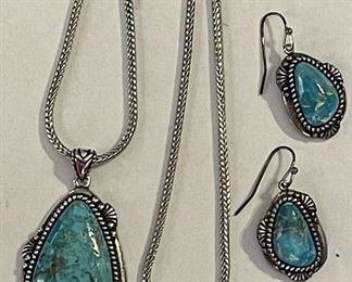 Turquoise Pendant and Pierced Earrings on Sterling Chain