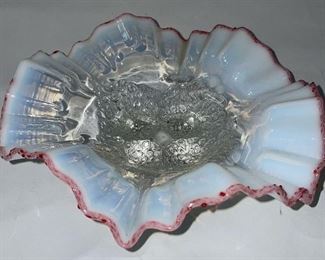 Opalescent Footed Bowl, Cranberry Border