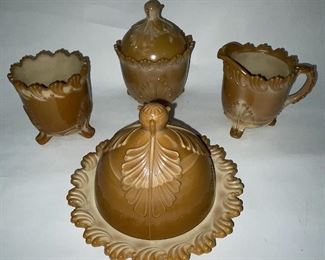 Greentown, Caramel Slag Table Set "Leaf Brackets"