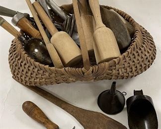 Basket Full of Wooden and Tin Utensils, Mashers, Scoops