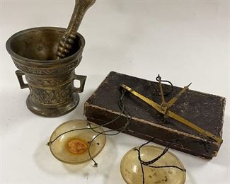 Apothecary Scale and Brass Mortar and Pestle 