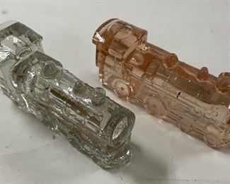 2 Locomotive Train Candy Containers Incl. Pink Depression Glass, Orig. Label on Clear One