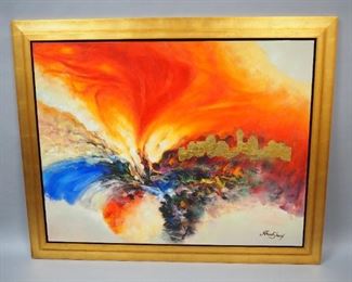 Haim Sherrf (Israeli-Canadian) The Burning Bush Texturized Print On Canvas With Gold Leaf, Remarked On Back, Framed, 54.25" W x 43.25" H