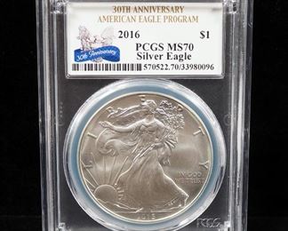 2016 American Eagle $1 Silver Coin, 1 oz Fine Silver, Certified By PCGS, Graded MS70, Qty 5