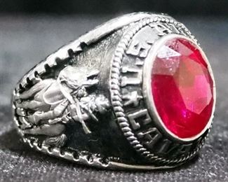 U S Army Cavalry Silver Tone Ring With Red Stone Believed To Be Ruby, Size 8