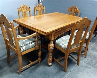 Oak Dining Room Table, 31" x 38" x 60" With Hidden End Leaves, And Pressed Back Dining Chairs, Qty 6