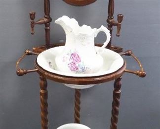 Antique Victorian Wash Stand With Wash Basin, Pitcher And Chamber Pot, 52" x 22" x 20"