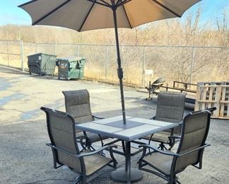 Patio Dining Set Including Table, 28.5" x 42" x 42", High-back Swivel Chairs With Mesh Seats, Qty 4, Retractable Umbrella And Stand