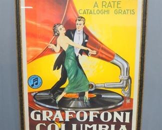 "Grafofoni Columbia" Reproduction Of Vintage Italian Advertising Poster Framed Under Glass, 57" x 41.5"