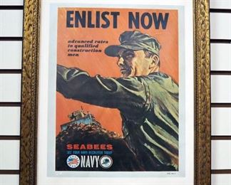 "Enlist Now" Seabees Navy Recruitment Advertising Framed Poster, 23" x 16.5"