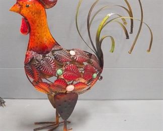 Stained Glass Sitting Hen Table Lamp, 9" x12", Sculpted Metal Rooster, 22" Tall, And Vintage 9" Painted Ceramic Rooster