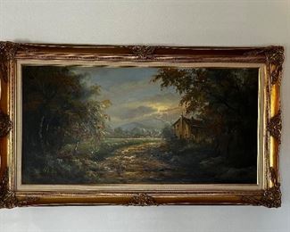 Sofa size landscape painting, ornately framed 