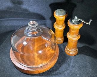 Cloche and vintage wooden salt and pepper shakers