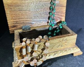 Carved wooden box, costume jewelry 