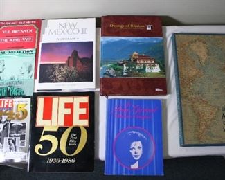 Three Volumes/Coffee Table Books, Dzongs of Bhutan, Fortresses of the Dragon Kingdom, First Edition, 2007; New Mexico II, David Muench; and 1963 National Geographic Atlas of the World in slipcover. Plus LIFE book and magazine, plus Judy Garland book, plus two music books.  Largest book 20” by 13”.