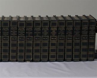 Complete Mark Twain “This is the authorized Uniform Edition of my books” 25 Volume Set by P. F. Collier & Son Company, New York, Harper & Brothers Edition.  Each book 8” by 5 1/2”; 35” shelf space