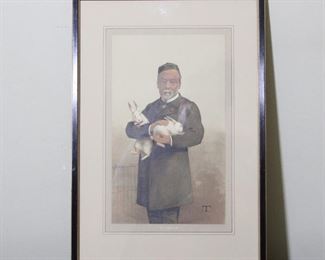 Professionally Framed Print of Louis Pasteur entitled “Hydrophobia” by Théobald Chartran ('T'), (1849-1907), Painter and caricaturist.  Print appeared in Vanity Fair on January 8, 1887.  Overall 18 1/2” tall, 13” wide.  Image 12” long, 7 1/2” wide.