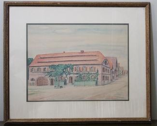 Watercolor signed F Dietz in lower right hand corner, mat damaged. Overall 22” by 26 1/2”, image size 13” by 17 3/4”.