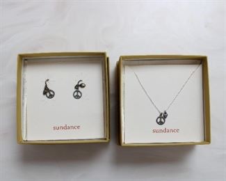 Sterling Silver Sundance Jewelry, Necklace with matching Earrings, Peace Symbol and Heart.  Chain 16” long, both in original boxes.