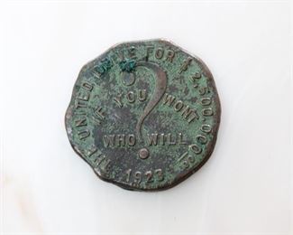 1923 Jewish Charities of Chicago Token, 33mm copper with patination.  Says EMIL G. HIRSCH // THE UNITED DRIVE FOR $2,500,000.00 / IF YOU WON'T / WHO WILL?  And on the other side in Hebrew it states from Psalm 41 “Happy is he who is thoughtful of the wretched” with Emil G Hirsch in the center.
From https://www.forumancientcoins.com/gallery/thumbnails.php?album=3320:  Note: Dr. Emil G. Hirsch was the rabbi of Sinai Congregation in Chicago from 1880 until his death in 1923, the organizer of the Associated Jewish Charities (of Chicago) in 1900, the founder and editor of the Reform Advocate in 1891, Professor of Rabbinical Philosophy and Literature at the University of Chicago, and was involved in numerous other charitable, ecumenical and academic endeavors. He died on January 7, 1923.
In 1922 the Associated Jewish Charities (of Chicago) and the Federated Jewish Charities (of Chicago) merged into the Jewish Charities of Chicago, which organization came into ex