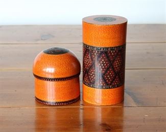Pair of Turned Wooden Decorated Lacquerware Boxes, tall box 7 1/4” tall, 4” diameter, short box, 4 3/4” tall, 4” diameter, lid 5”.