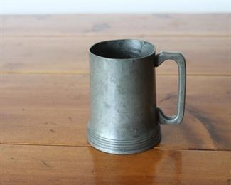 Glass bottom English pewter mug, 4 3/4” tall by 3 1/4” mouth diameter, signed SANDERS & SONS, LONDON.