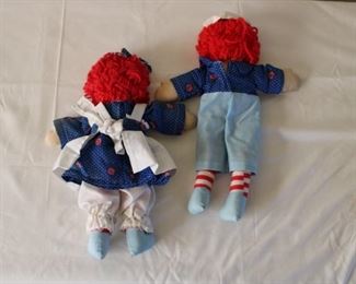 Raggedy Ann and Andy cloth dolls, 15” tall.