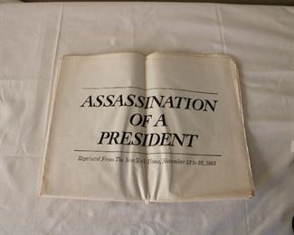 Assassination of a President reprint of the New York Times Nov 23 to 28, 1963, 22 pages has some wear and toning from age, minor tears on edges, please see photographs.