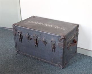 Antique WWII Military Trunk, 17” tall, 30” long, 17” deep.  Strong odor of mothballs to the interior.