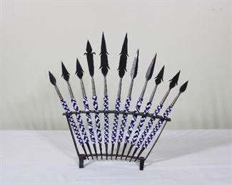 African Beaded Wrought Iron Darts in Holder with Beaded Shafts.  Overall height 13 1/2”, overall length 14”.